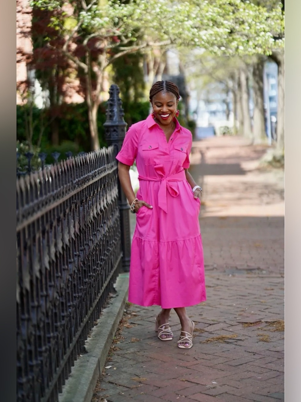 Chicos Hot Pink Short Sleeve MIDI Utility Shirt dress Belted With Pockets Size 3